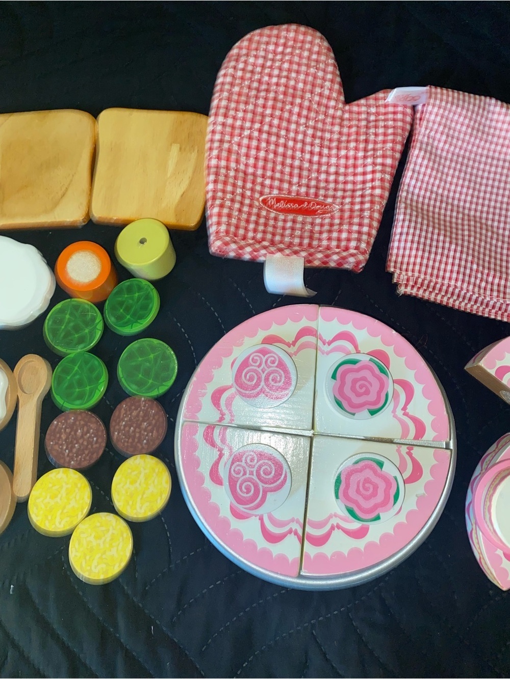 Melissa & Doug 44 Pc Pink Wooden Play Cake Dessert Sandwich Toppings Kid Set - Picture 6 of 14
